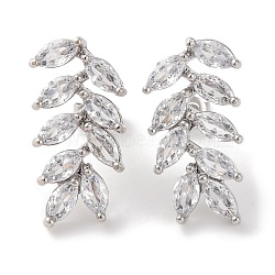 Leaf Brass Micro Pave Clear Cubic Zirconia Dangle Stud Earrings, Long-Lasting Plated, Lead Free & Cadmium Free, Platinum, 22.5x11.5mm(EJEW-F348-01P)