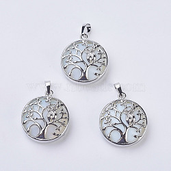 Opalite Pendants, with Brass Findings, Flat Round with Tree of Life, Platinum, 31~32x27x8~9mm, Hole: 5x7mm(G-K234-E15)