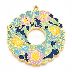 Rack Plating Alloy Enamel Big Pendants, Cadmium Free & Nickel Free & Lead Free, Flower Charms, Golden, Sky Blue, 57x52x2mm, Hole: 2.5mm(ENAM-N056-394D-G)