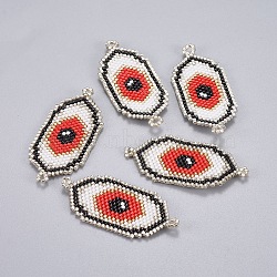 Handmade Japanese Seed Beads Links, with Japan Import Thread, Loom Pattern, Eye, Red, 50~51x22~23x2mm, Hole: 2mm(SEED-L008-002A)