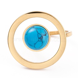 Ion Plating(IP) 304 Stainless Steel Finger Rings, with Synthetic Turquoise Round Bead, Golden, Size 6~9, Inner Diameter: 16.5~18.9mm, 2mm(RJEW-Z008-11-G)