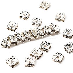 Brass Rhinestone Spacer Beads, Grade A, Square, Nickel Free, White, Silver Color Plated, Size: about 6mmx6mmx3mm, hole: 1mm(X-RSB072-01S)