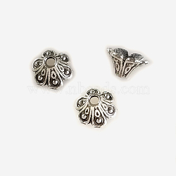 Tibetan Style Alloy Flower Bell Filigree Bead Caps, 6-Petal, Lead Free & Cadmium Free, Antique Silver, 9x5.5mm, Hole: 1.4mm(X-PALLOY-ZN3282-AS-RS)