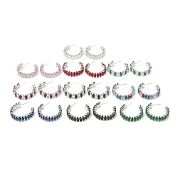 Cubic Zirconia Round Stud Earrings, Rack Plating Platinum Brass Half Hoop Earrings for Women, Lead Free & Cadmium Free, Mixed Color, 35x8mm(EJEW-Q7710-01P)