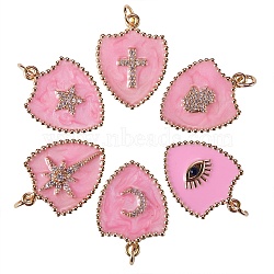6Pcs 6 Styles Real 18K Gold Plated Brass Micro Pave Clear Cubic Zirconia Enamel Pendants, Long-Lasting Plated, with Jump Rings, Shield, Pink, 1pc/style(ZIRC-SZ0001-36A)
