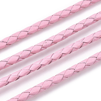 Braided Cowhide Leather Cord, Leather Rope String for Bracelets, Pink, 4mm, about 5.46 yards(5m)/roll