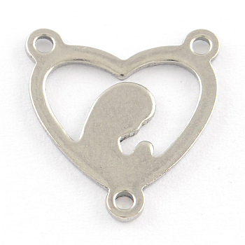 201 Stainless Steel Chandelier Component Links, 3 Loop Connectors, Heart with Mother and Son, Stainless Steel Color, 16x15x1mm, Hole: 1mm