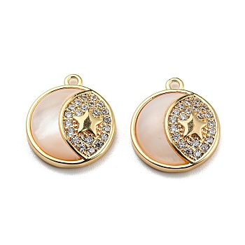 Natural White Shell & Clear Cubic Zirconia & Brass Charms, Flat Round with Moon & Star Pattern, Golden, 14x12x3mm, Hole: 1mm