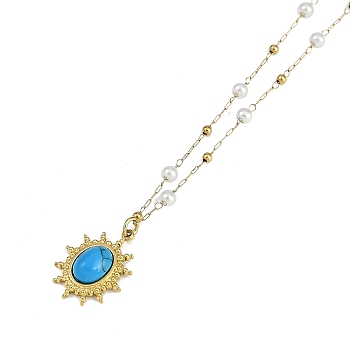 Dyed Synthetic Turquoise Oval Pendant Necklaces, PVD Vacuum Plating 304 Stainless Steel & Plastic Imitation Pearl Link Chain Necklaces, Golden, 16.50 inch(41.9cm)