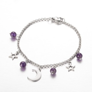 Moon & Star Stainless Steel Gemstone Charm Bracelets, with Lobster Claw Clasps, Amethyst, 7-1/4 inch(185mm)