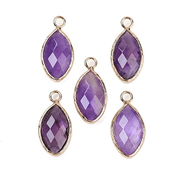 Natural Amethyst Faceted Pendants, Brass Horse Eye Charms, Golden, 22.5x10.5x5~5.5mm, Hole: 2mm