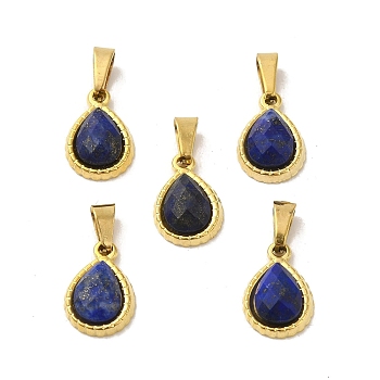 Natural Lapis Lazuli Faceted Teardrop Charms, with Golden Tone 304 Stainless Steel Snap on Bails, 14x9.5x4mm, Hole: 6x3mm