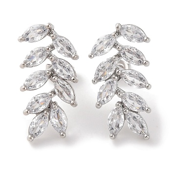 Leaf Brass Micro Pave Clear Cubic Zirconia Dangle Stud Earrings, Long-Lasting Plated, Lead Free & Cadmium Free, Platinum, 22.5x11.5mm