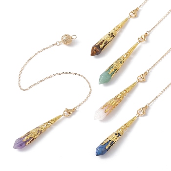 Natural Mixed Gemstone Pointed Dowsing Pendulums, with Brass Cable Chains, Soldered, Real 18K Gold Plated, Faceted Bullet Charm, 250mm, Hole: 3mm