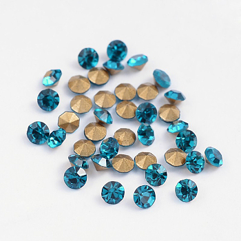 Back Plated Grade A Diamond Glass Pointed Rhinestone, Blue Zircon, 3.4~3.5mm, about 1440pcs/bag