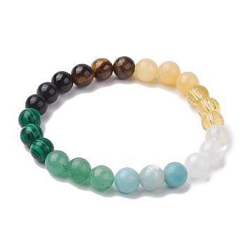 8mm Round Natural Tiger Eye & Topaz Jade & Golden Sheen Obsidian & Quartz Crystal & Green Aventurine & Amazonite, Synthetic Citrine & Malachite Beaded Stretch Bracelets for Women, Inner Diameter: 2-1/8~2-3/8 inch(5.5~6cm)