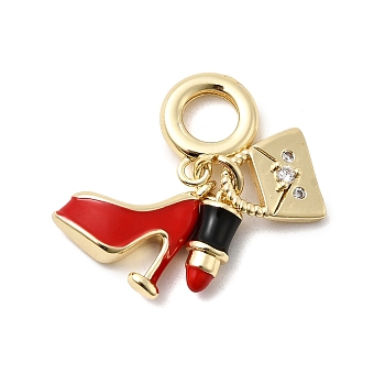 Brass Micro Pave Clear Cubic Zirconia European Dangle Charms, Lipstick Shoe Handbag Large Hole Pendants with Red Enamel, Real 18K Gold Plated, 29~31mm, Hole: 6mm