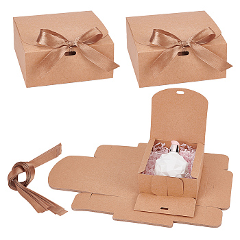 Square Kraft Paper Jewelry Gift Boxes, with Ribbon, for Anniversaries, Weddings, Birthdays, Sandy Brown, Finished Product: 11.5x11.5x5cm