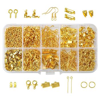 DIY Jewelry Making Finding Kit, Including Iron Peg Bails, Ribbon Crimp & Cord Ends, Earring Hooks, Bead Tips, Clasp, Brooch Findings, Golden, 7~17x4~6.5x1.5mm, Hole: 4mm, 1073Pcs/box