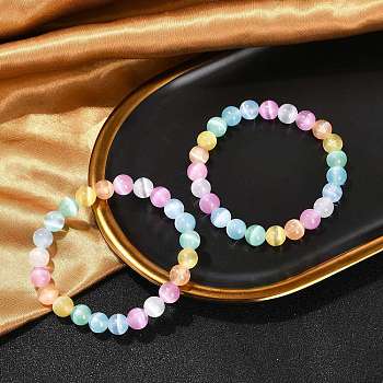 Dyed Natural Selenite Round Beaded Stretch Bracelets for Women, Colorful, 3/8 inch(0.85cm), Inner Diameter: 2-1/4 inch(5.6cm)