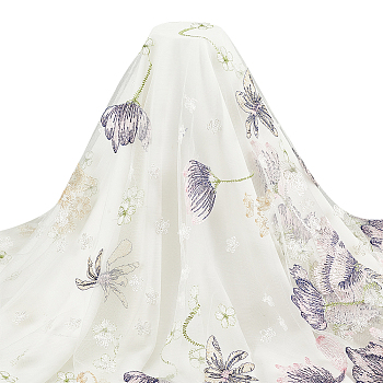 Embroidered Flowers Polyester Tulle Lace Fabric, Garment Accessories, Lilac, 150x0.08cm
