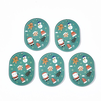 Transparent Printed Acrylic Pendants, Christmas, Oval, Cadet Blue, 39.5x28.5x2.5mm, Hole: 1.6mm