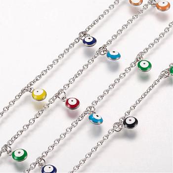 304 Stainless Steel Charm Anklets, with Enamel Charms, Evil Eye, Platinum, Mixed Color, 10-3/8 inch(263mm), 2mm