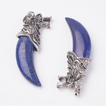 Dyed Natural Lapis Lazuli Big Pendants, with Alloy Findings, Tusk Shape, Antique Silver, 58x19x9mm, Hole: 4x5mm