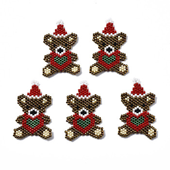 MIYUKI & TOHO Japanese Seed Beads, Handmade Pendants, Loom Pattern, Bear with Christmas Hat, Camel, 37x21x2mm, Hole: 1.5mm