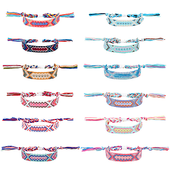 12Pcs 12 Colors Polyester Braided Cord Bracelets Set, Ethnic Adjustable Bracelets, Mixed Color, Inner Diameter: 2-3/8~3-1/2 inch(6~8.8cm), 1Pc/color