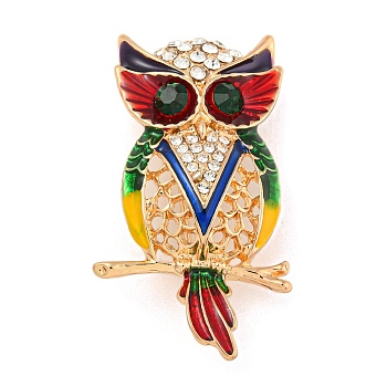 Owl Shape Alloy Enamel Brooch, with Rhinestone, Light Gold, 49.39x24.24mm