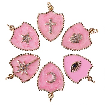 6Pcs 6 Styles Real 18K Gold Plated Brass Micro Pave Clear Cubic Zirconia Enamel Pendants, Long-Lasting Plated, with Jump Rings, Shield, Pink, 1pc/style