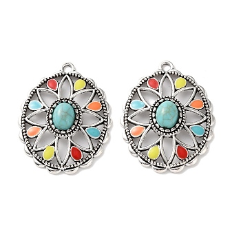 Bohemia Tibetan Style Alloy & Enamel & Synthetic Turquoise Pendants, Oval Charms, Antique Silver, Colorful, 33x25.5x5.5mm, Hole: 2mm