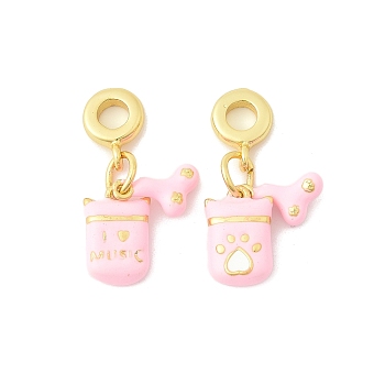Brass Enamel European Dangle Charms, Rectangle & Bone Large Hole Pendants, Golden, Rack Plating, Long-Lasting Plated, Cadmium Free & Lead Free, Pink, 30mm, Hole: 4.5mm