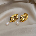 304 Stainless Steel Freshwater Pearl Dangle Stud Earrings for Women, Knot, Real 18K Gold Plated, 56.7x23mm(EE7584)