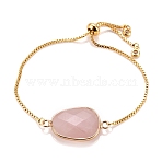 Adjustable Brass Bolo Bracelets, Slider Bracelets, with Cubic Zirconia and Natural Rose Quartz Links, Oval, Golden, Inner Diameter: 2-3/4 inch(7.1cm)(BJEW-JB05472-03)