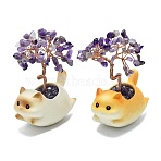 Natural Amethyst Chips Tree of Life Decorations with Cat Display Decorations, with Mixed Colors Ceramic Base & Copper Wire, Feng Shui Energy Stone Gift for Home Office Desktop Decoration, 69~70x43.9x90~97mm(DJEW-K025-03A)
