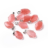 Cherry Quartz Glass Pendants, Hamsa Hand Charms, with Platinum Plated Alloy Snap on Bails, 24~24.5x15x7mm, Hole: 5.5x3mm(G-B041-03P-06)