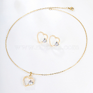Clear Cubic Zirconia Heart Jewelry Set with Plastic Imitation Pearl, Alloy Stud Earring & Pendant Necklace, Real 18K Gold Plated, 17-3/4 inch(45cm), 18x15mm(ZC3739-1)