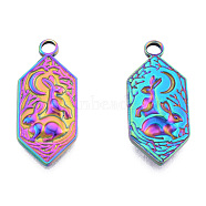 Ion Plating(IP) 201 Stainless Steel Pendants, Hexagon with Rabbit, Rainbow Color, 28x12x2.5mm, Hole: 2.5mm(STAS-N098-254M)