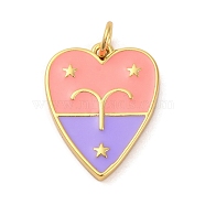 Brass Enamel Pendants, with Jump Ring, Real 14K Gold Plated, Heart with Twelve Constellations Charm, Aries, 19x15x2mm, Hole: 3mm(KK-Z077-01G-04)