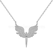925 Sterling Silver Pendant Necklaces, Micro Pave Clear Cubic Zirconia, Angel, Real Platinum Plated, 15.87 inch(40.3cm)(NJEW-L179-02P)