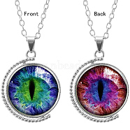 Double-sided Picture Glass Rotatable Pendant Necklaces, with Alloy Chains, Flat Round with Dragon Eye, Silver Color Plated, 18.5 inch(47cm)(NJEW-F200-35P)