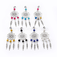 Dyed Natural Lava Rock Big Pendants, with Tibetan Style Alloy Findings and 304 Stainless Steel Lobster Claw Clasps, Woven Net/Web with Feather, Antique Silver & Stainless Steel Color, Mixed Color, 90mm, Pendant: 80x29x6mm(HJEW-JM00342)