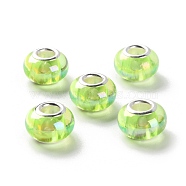 UV Plating Resin European Beads, Rondelle Large Hole Beads, with Platinum Tone Alloy Double Cores, Lawn Green, 13.5x9mm, Hole: 5mm(RESI-M001-03H)