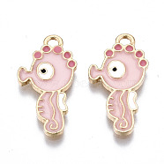 Light Gold Plated Alloy Enamel Pendants, Cadmium Free & Lead Free, Sea Horse Shape, Pink, 22.5x11.5x1.5mm, Hole: 2mm(X-ENAM-T009-77C-RS)