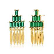 Brass Micro Pave Cubic Zirconia Stud Earrings, Tassel Earrings, Green, Golden, 26x12mm(EJEW-BB70420)
