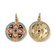Brass Micro Pave Cubic Zirconia Pendants, with Colorful Enamel, Flat Round with Flower Charms, Real 18K Gold Plated, 23.5x20x2.5mm, Hole: 4.3mm(KK-E068-VF290)