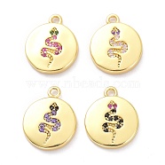 Brass Micro Pave Cubic Zirconia Pendants, Flat Round with Snake, Mixed Color, 11.5x9.5x1.5mm, Hole: 1mm(ZIRC-P085-33G)