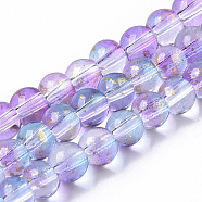 Transparent Spray Painted Glass Bead Strands, with Golden Foil, Round, Plum, 6~7mm, Hole: 1.2~1.5mm, about 65~67pcs/Strand, 14.76 inch~15.12 inch(37.5~38.4cm)(X-GLAA-N035-03B-B05)